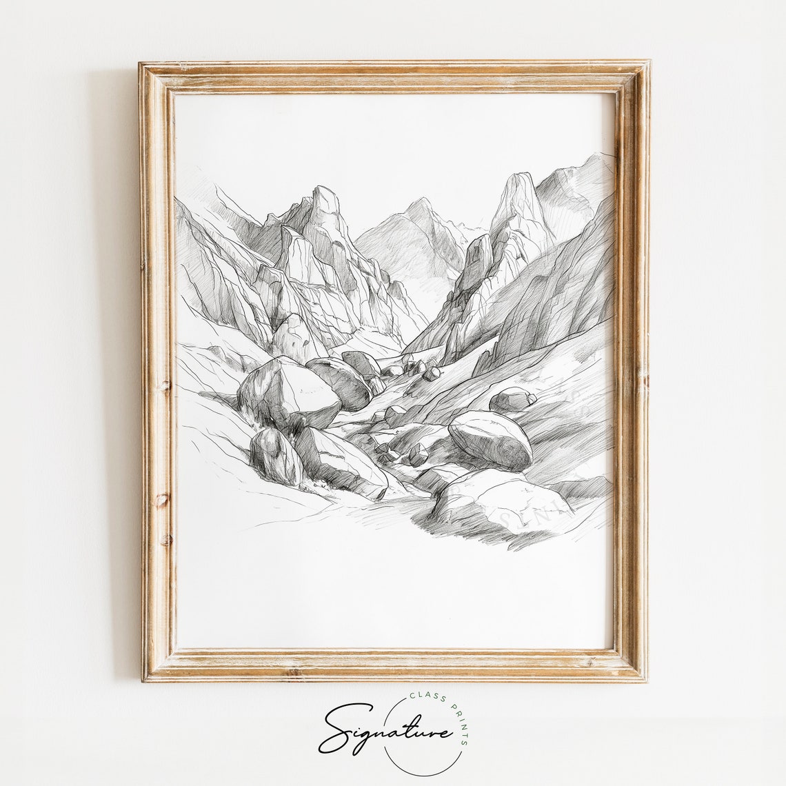 Rugged Mountain Pass With Boulders Alpine Pencil Sketch Poster