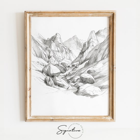 Mountain Pass With Boulders Sketch Rugged Alpine Landscape Art Black And White Mountain Drawing Wall Decor Piece 742