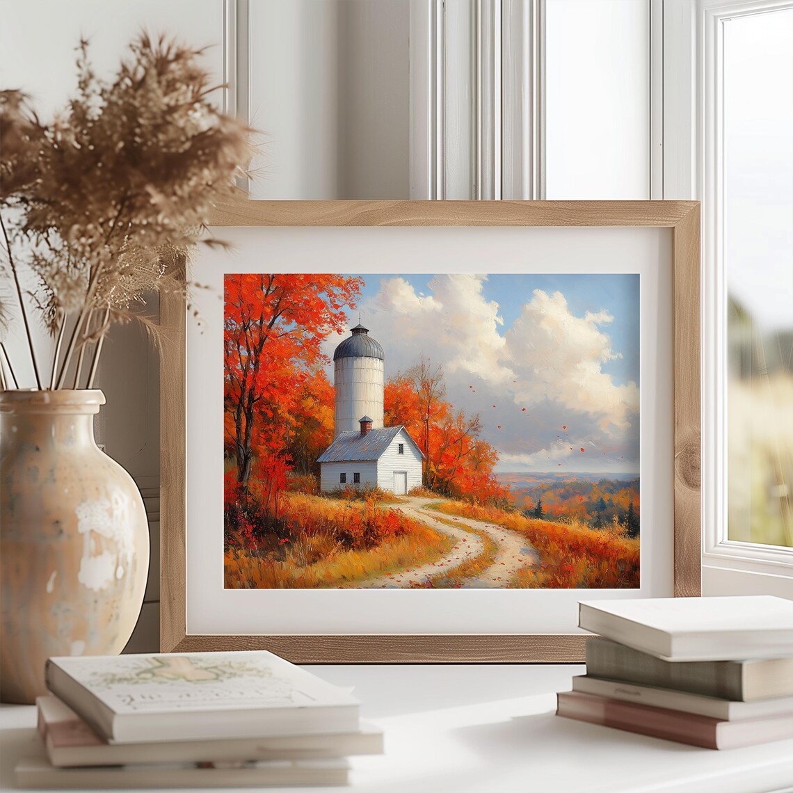 White Farmhouse with Silo Along Winding Road in Autumn Poster - Image 2