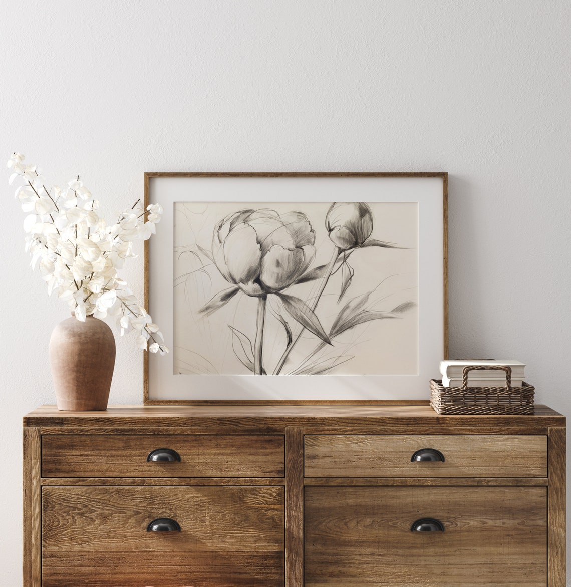 Peony Buds Delicate Gray Pencil Botanical Sketch Line Art Poster - Image 3