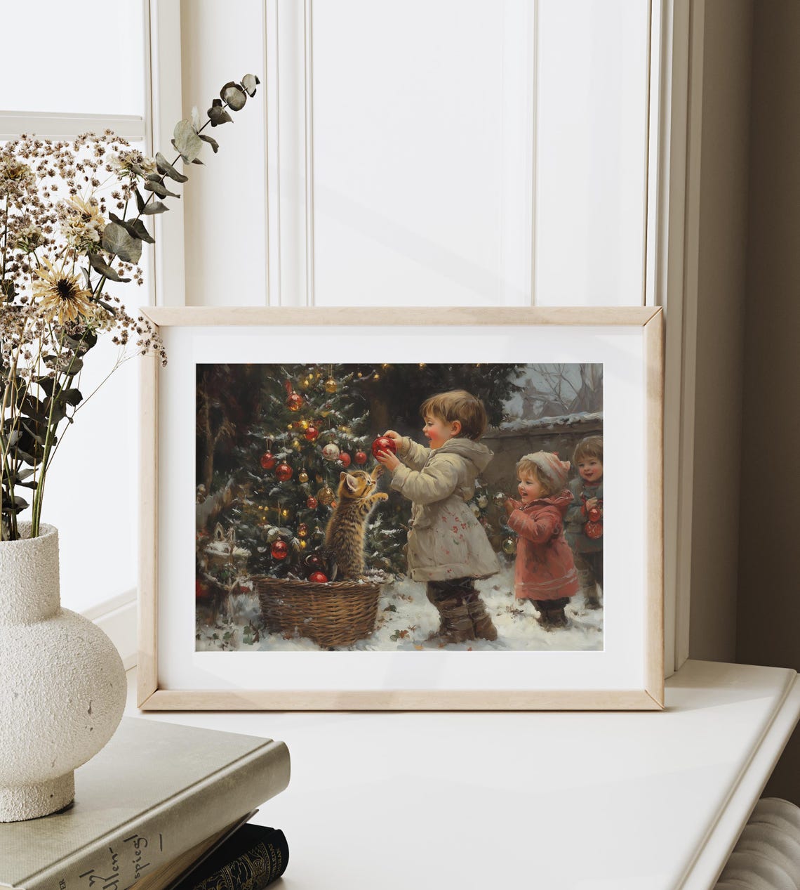 Children and a Kitten Decorating a Small Christmas Tree in Snow Poster - Image 6