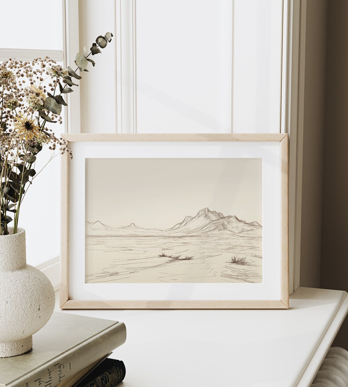 Desert Landscape With Distant Mountains Sketch Tranquil Desert Scene Mountain Range Art Simple Minimalist Wall Decor 840 - Image 6