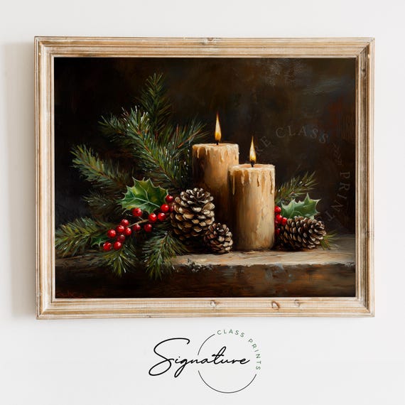 Moody Christmas Candle Art With Pinecones And Holly Rustic Holiday Decor Earthy Winter Scene Festive Wall Art Print 1646