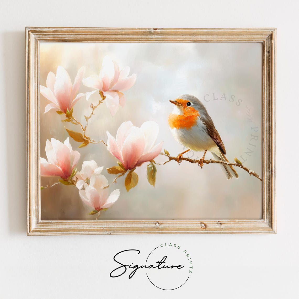 Robin Perched On Magnolia Branch With Soft Pink Blooms Wall Art