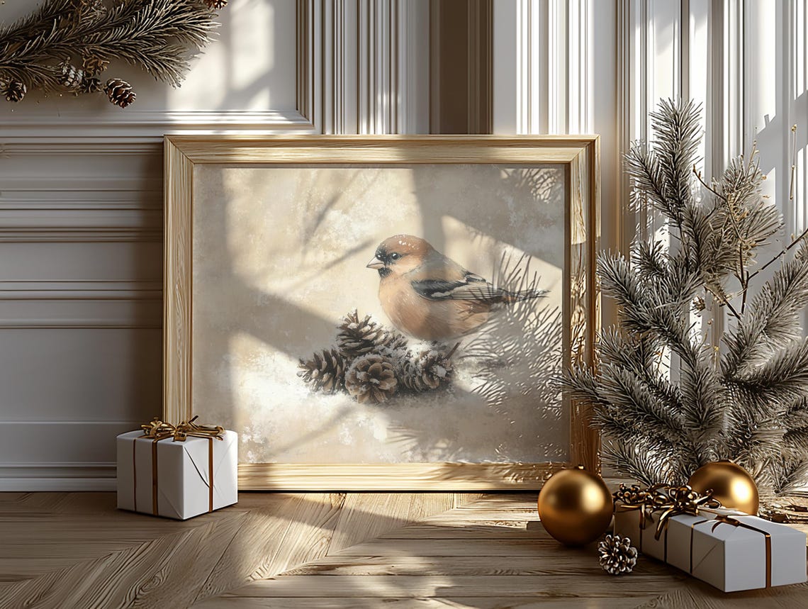 Chaffinch on Frosted Pinecones Rustic Winter Bird Painting Poster - Image 6