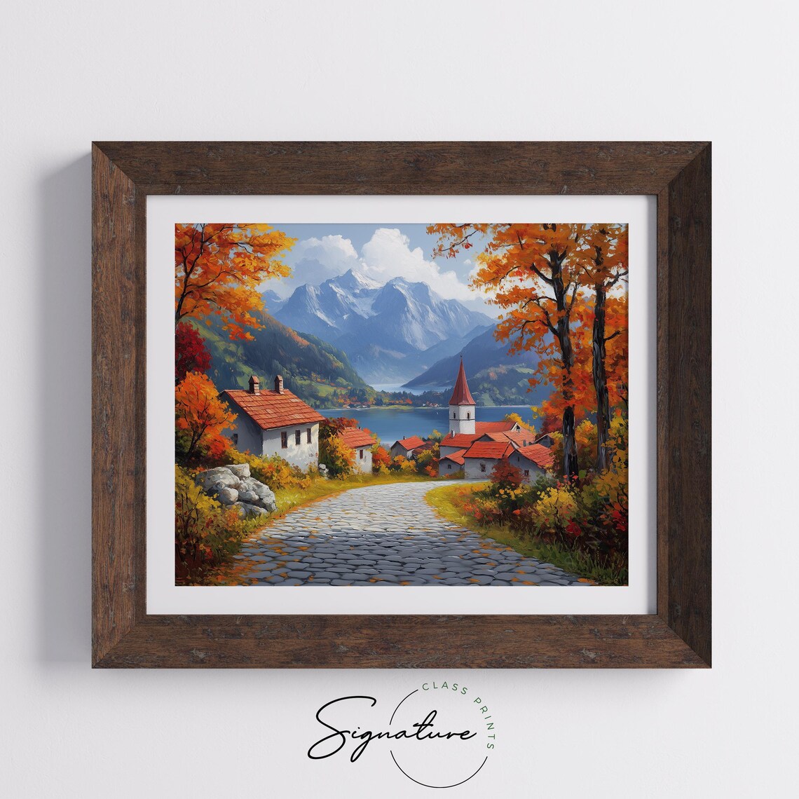 Alpine Village Autumn Lane Mountain Lake Chapel Fall Landscape Wall Art - Image 5