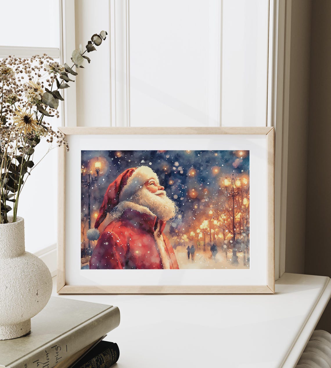Santa Claus Watercolor Portrait Snowy Evening Street Lights Poster - Image 6