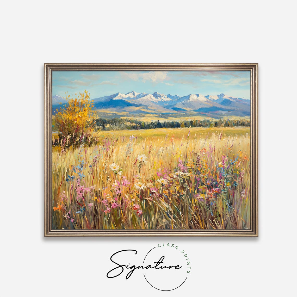 Wildflower Meadow With Golden Grass And Distant Mountains Poster - Image 4