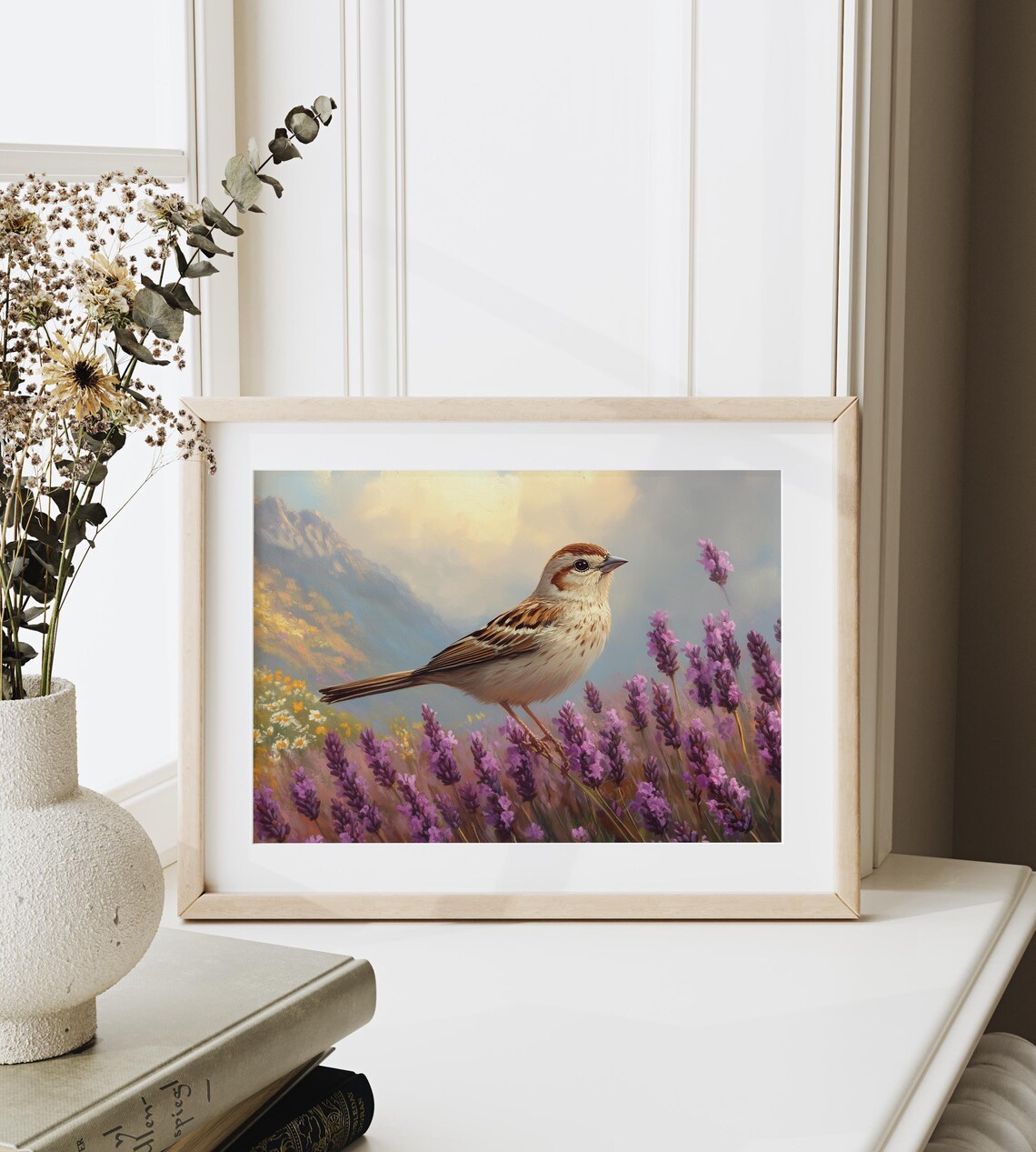 Sparrow Among Lavender Blooms Purple Flowers Mountain Meadow Summer Poster - Image 4