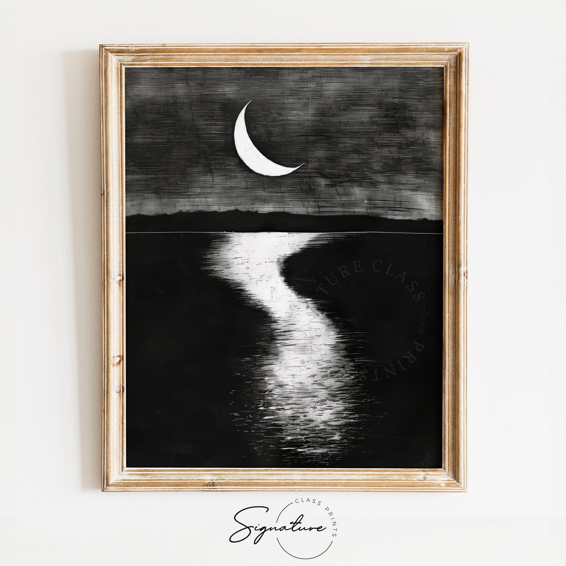 Crescent Moon Over Quiet Lake Night Reflection Sketch Poster
