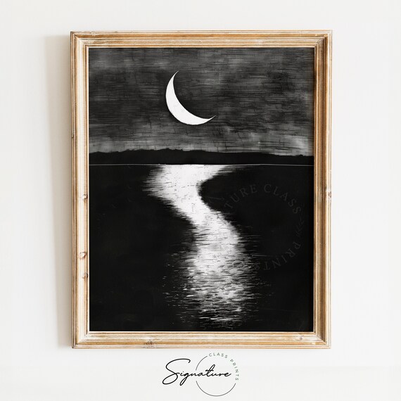 Crescent Moon Over Quiet Lake Night Reflection Sketch Poster