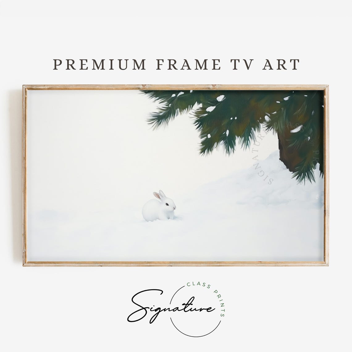 White Rabbit Under Snowy Pine Tree Minimal Winter Art Poster
