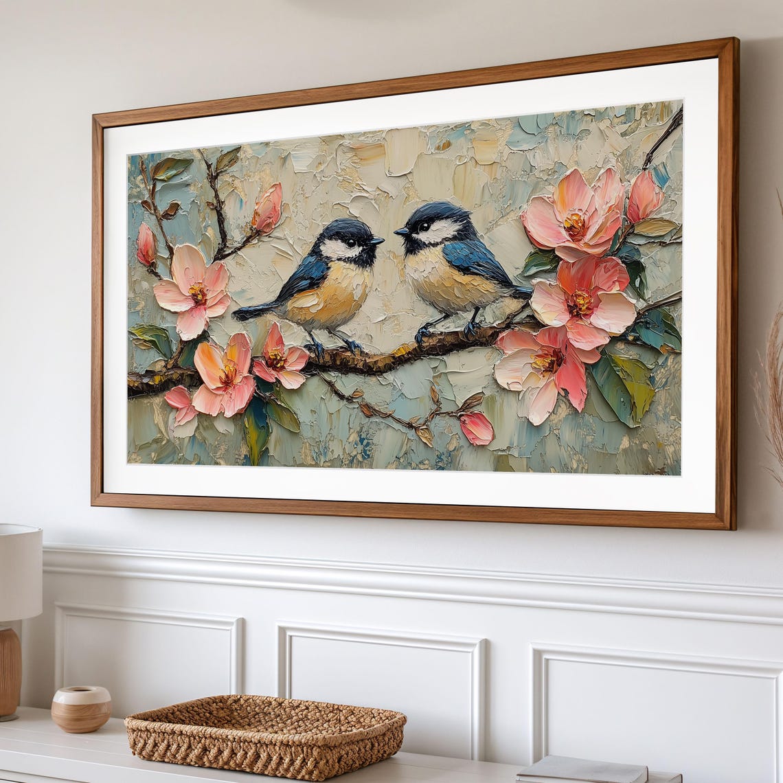 Two Chickadee Birds On Cherry Blossom Branch Impasto Art Poster - Image 2