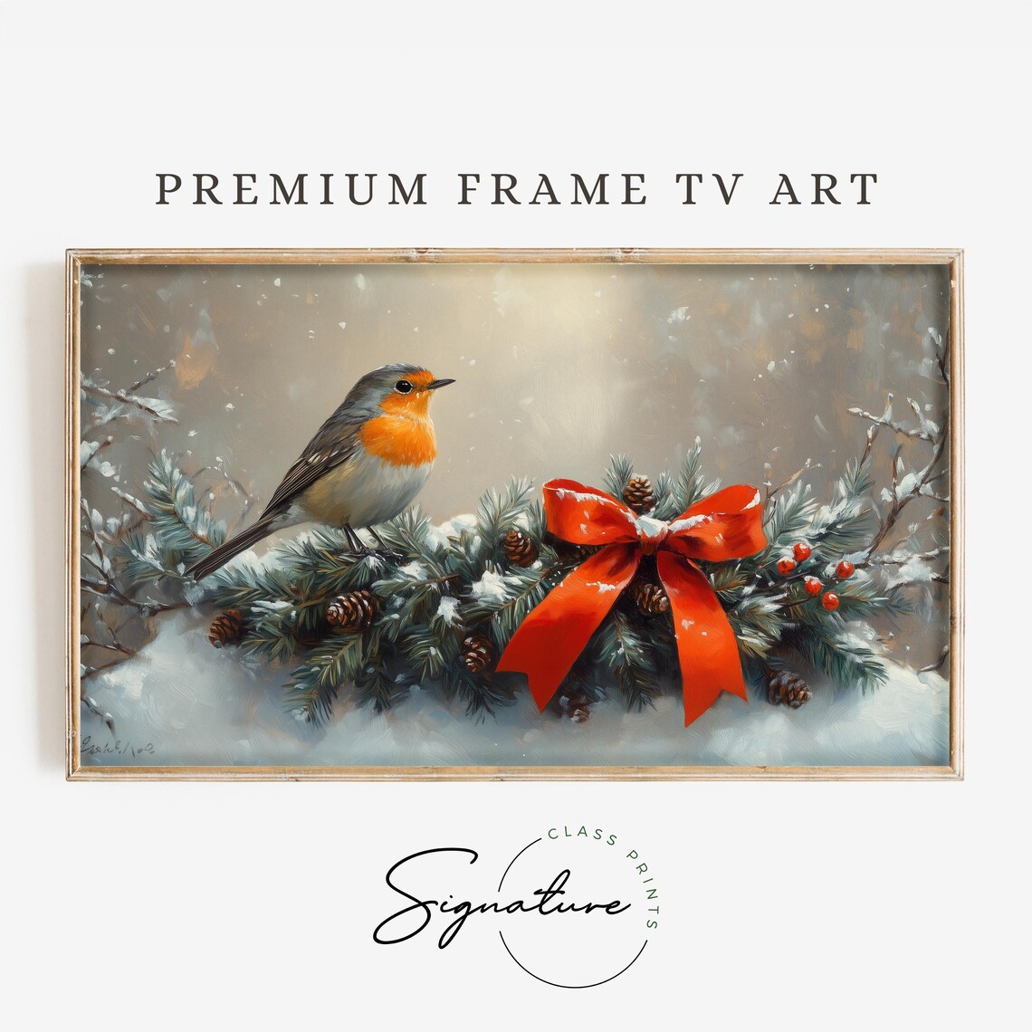 Robin on Snowy Evergreen Garland With Red Bow Christmas Bird Poster