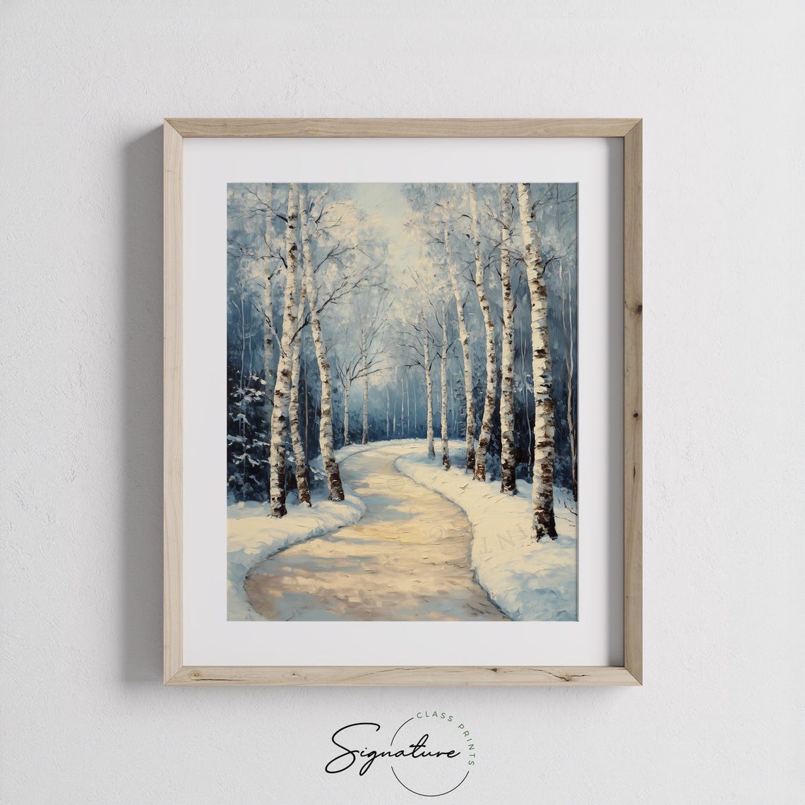 Birch Tree Lined Snowy Lane Curving Through Winter Woods Poster - Image 2