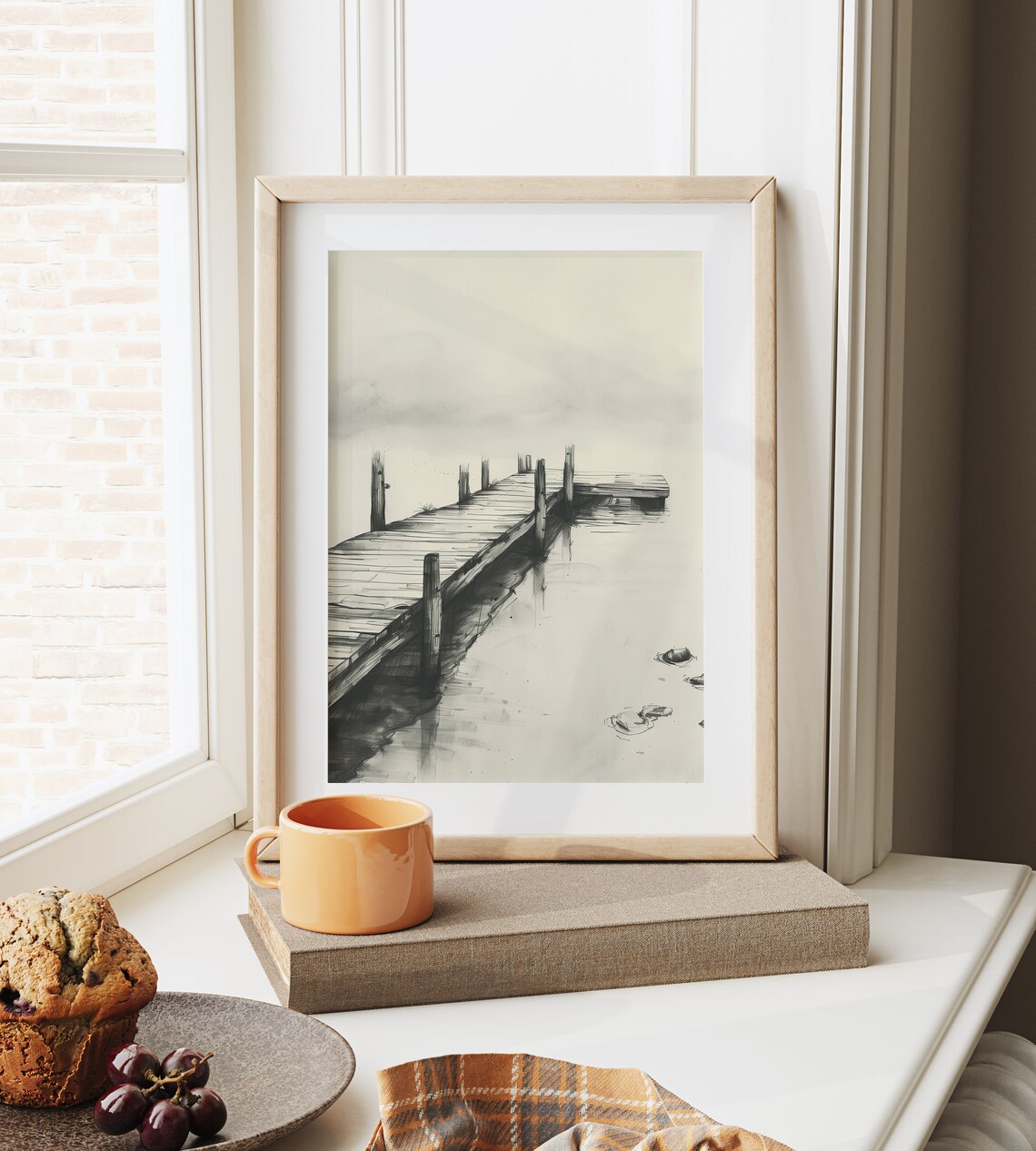 Weathered Wooden Pier In Misty Lake Serene Water Sketch Art Poster - Image 6