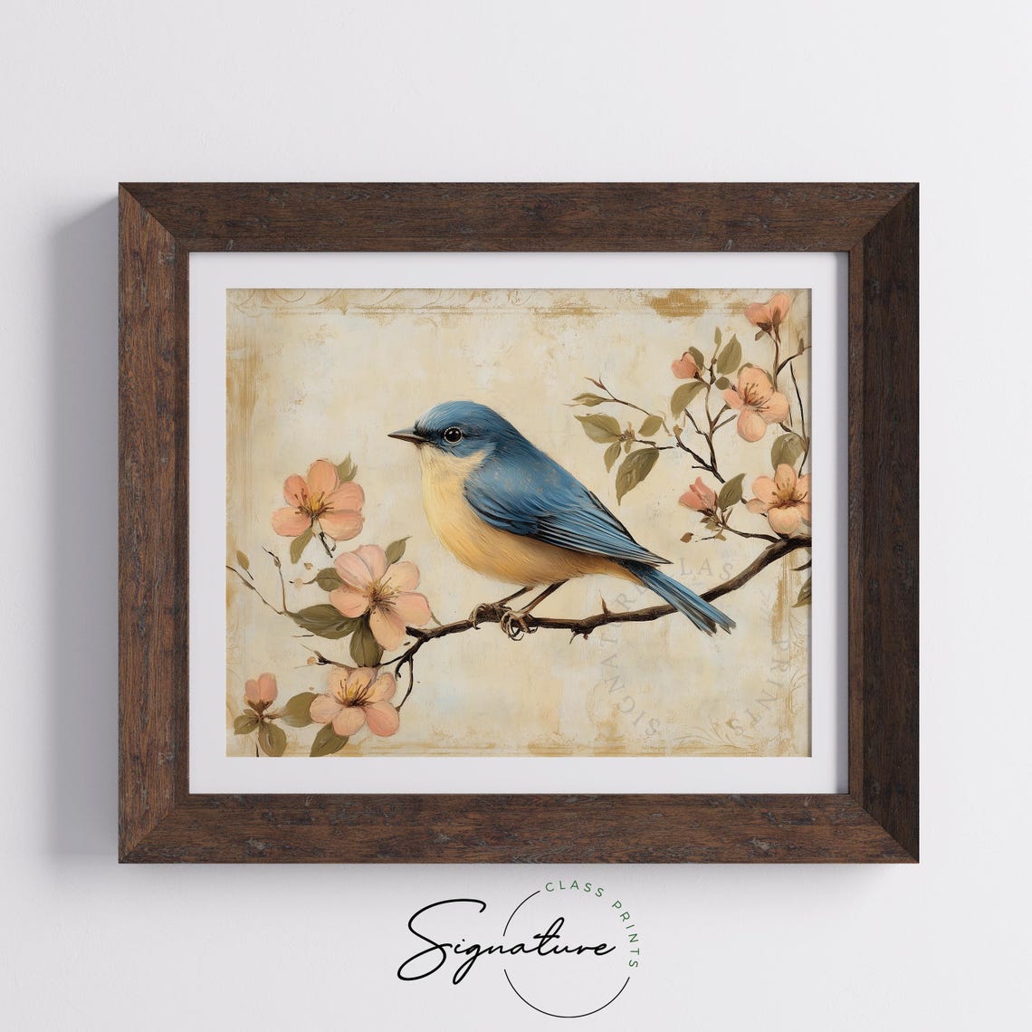 Vintage Bluebird Perched On Pink Blossom Branch Spring Cottage Poster - Image 5