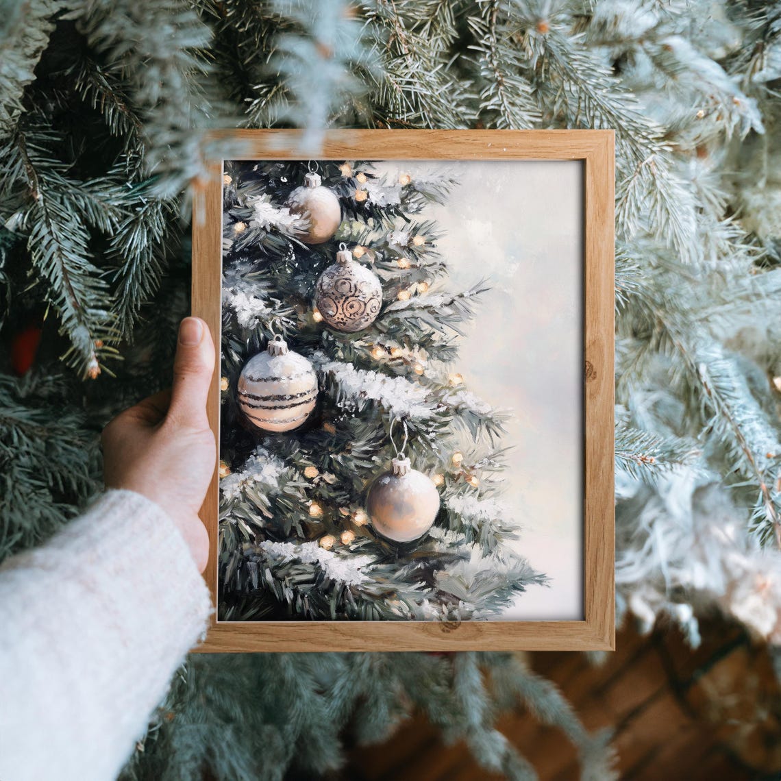 Blush Ornaments On Snowy Christmas Tree Branches Close Up Poster - Image 6