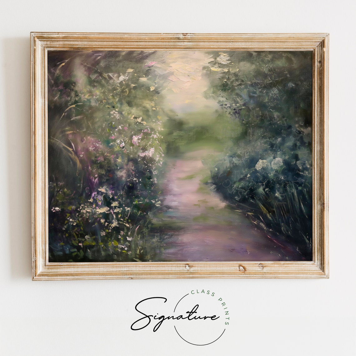 Moody Garden Path with Pink Blossoms Hazy Impressionist Poster