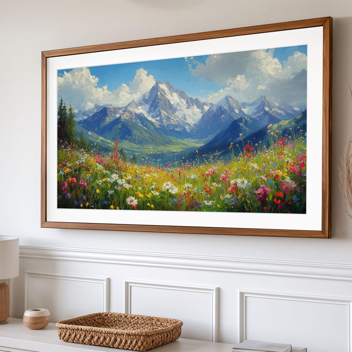 Alpine Wildflower Meadow Colorful Blooms Snow Peaks Landscape Wall Art - Image 2
