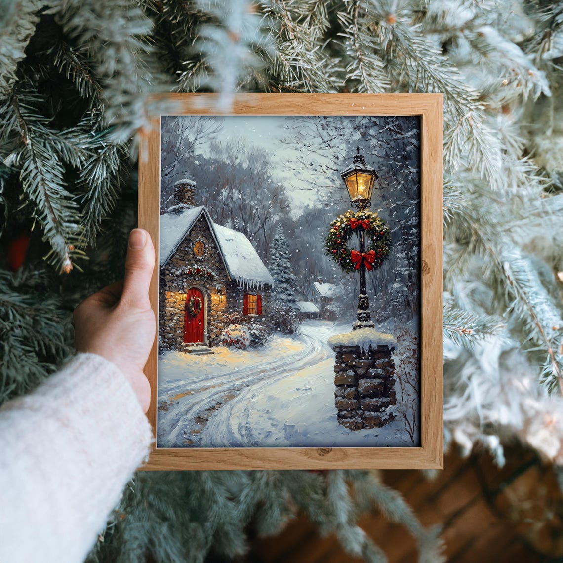 Stone Cottage with Red Door Wreath and Icicles Winter Poster - Image 6