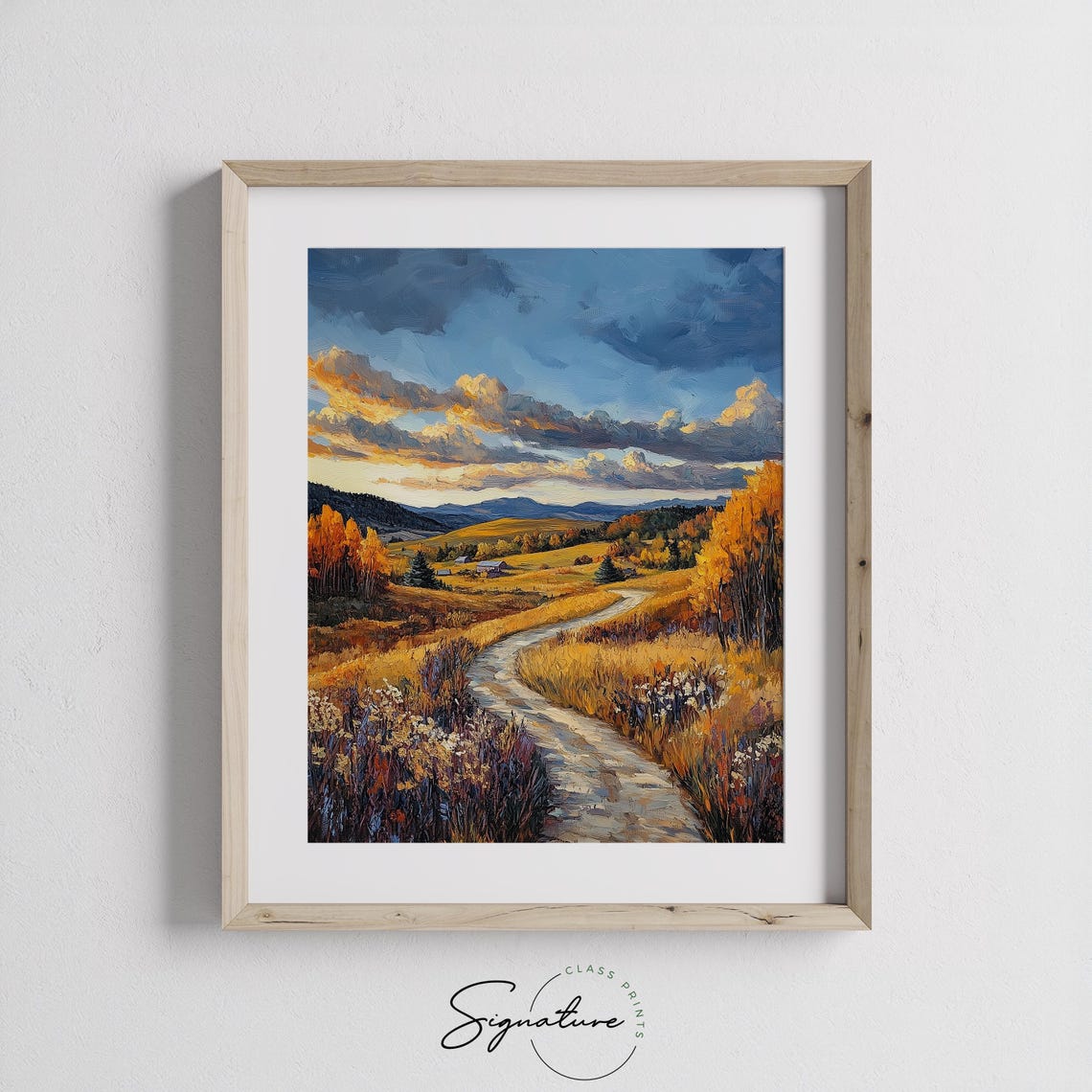 Winding Autumn Path Through Golden Hills Toward Blue Mountains Poster - Image 3