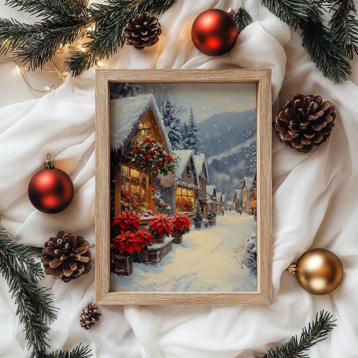 Snowy Village Flower Shop with Poinsettias Christmas Street Poster - Image 4