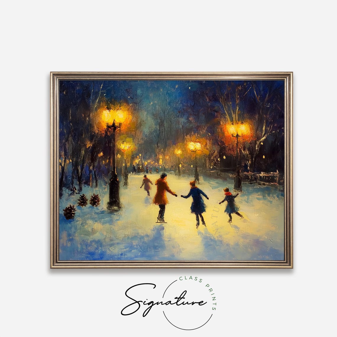 Evening Ice Skating Under Glowing Street Lamps Impressionist Poster - Image 4