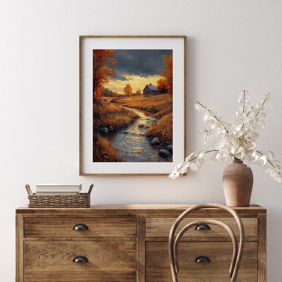 Stream Through Meadow Cabin Dramatic Sunset Autumn Painting Print - Image 5