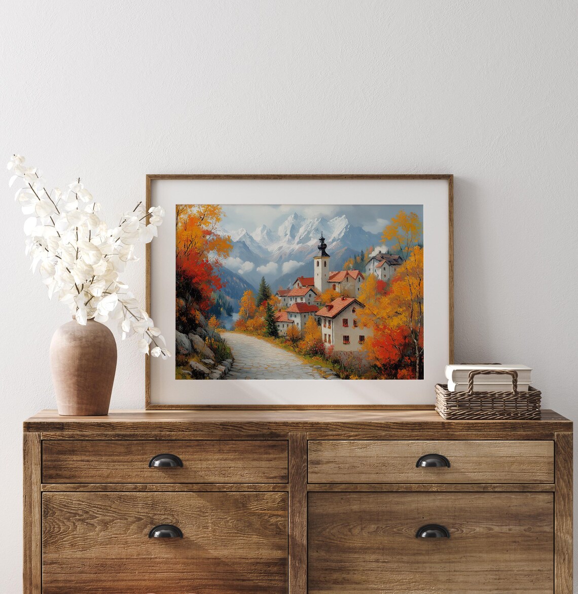 Alpine Village Church Snowy Peaks Autumn Oil Painting Travel Poster - Image 3