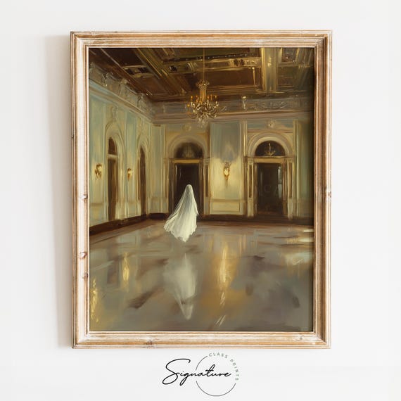Ghost In Elegant Ballroom Moody Haunted Mansion Scene Vintage Halloween Art Rustic Wall Decor 1602