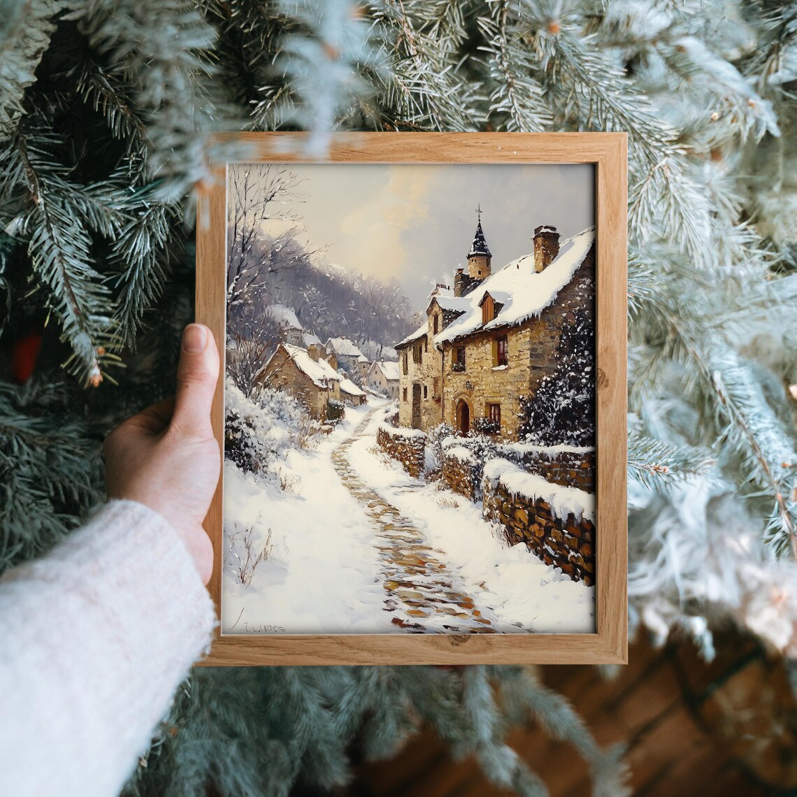 Snowy Cobblestone Path Through Old Village Winter Scene Poster - Image 6