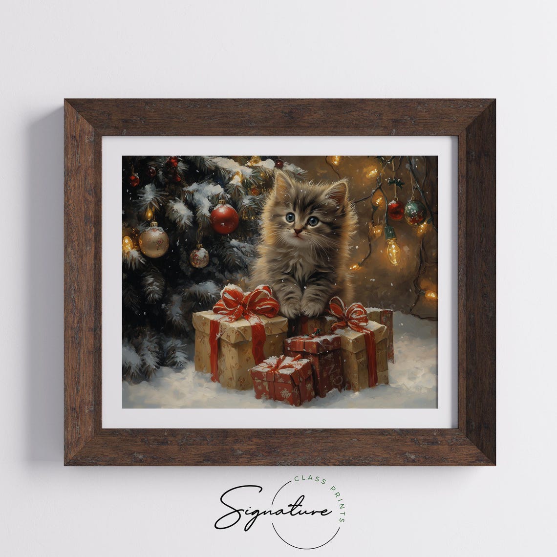 Fluffy Gray Kitten Among Wrapped Gifts with Red Bows at Night Poster - Image 5