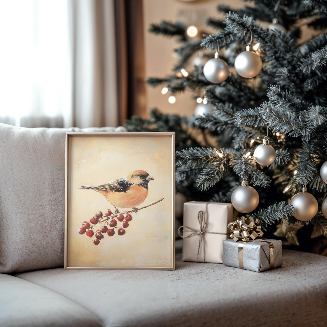 Orange Breasted Songbird on Red Berries Vintage Winter Poster - Image 5