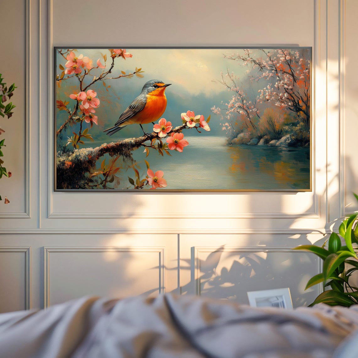 Robin On Cherry Blossom Branch Above Calm River Spring Poster - Image 4