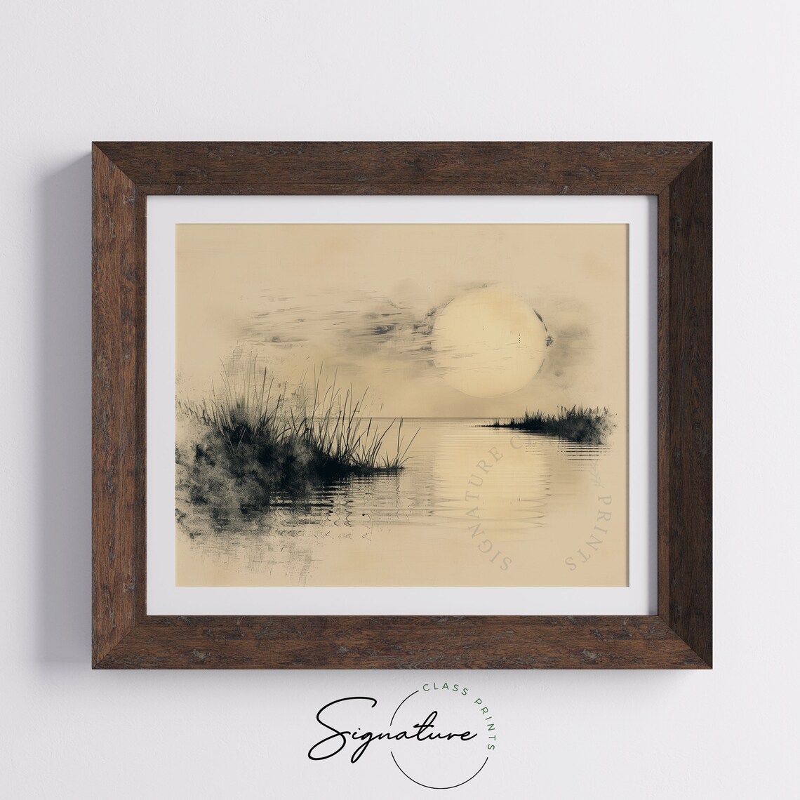 Quiet Lake At Dawn With Reeds Soft Charcoal Sketch Poster Art - Image 5