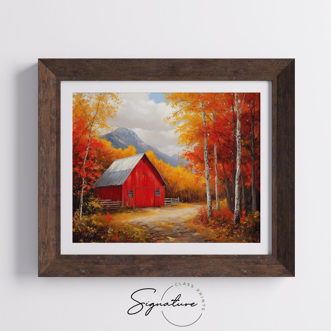 Red Barn Autumn Birches Mountain Fall Farm Landscape Wall Art - Image 5
