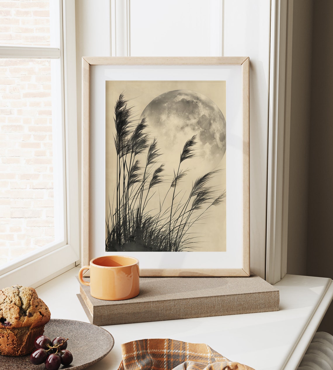Tall Grass Silhouettes Against Full Moon Monochrome Night Poster - Image 6