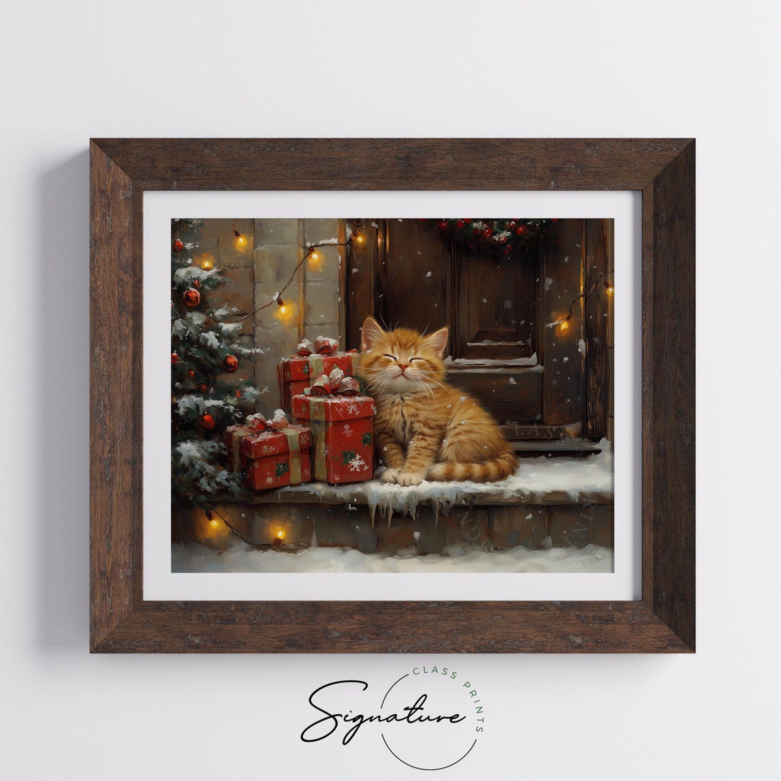 Sleeping Ginger Kitten on Snowy Porch Ledge Beside Red Gifts Poster - Image 5