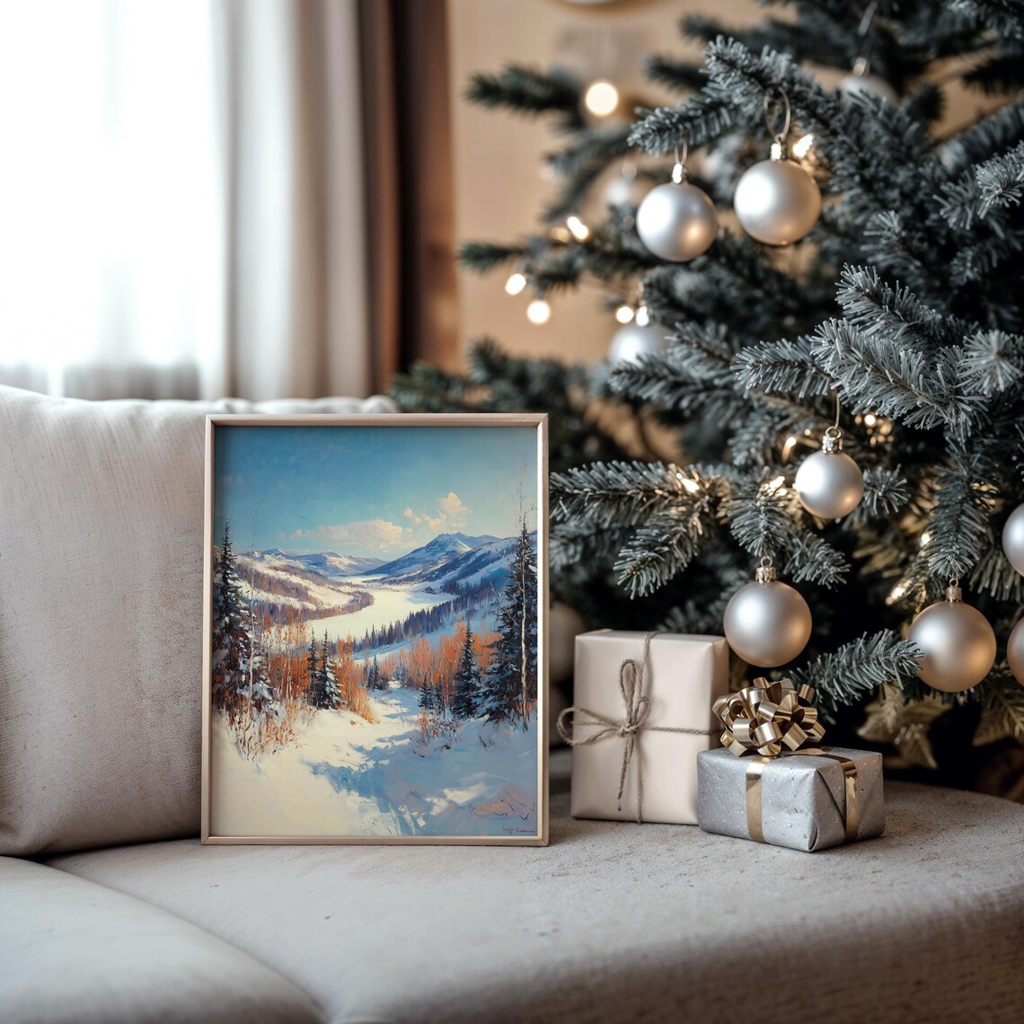 Sunny Snowy Mountain Valley with Frozen Lake and Pines Poster - Image 5