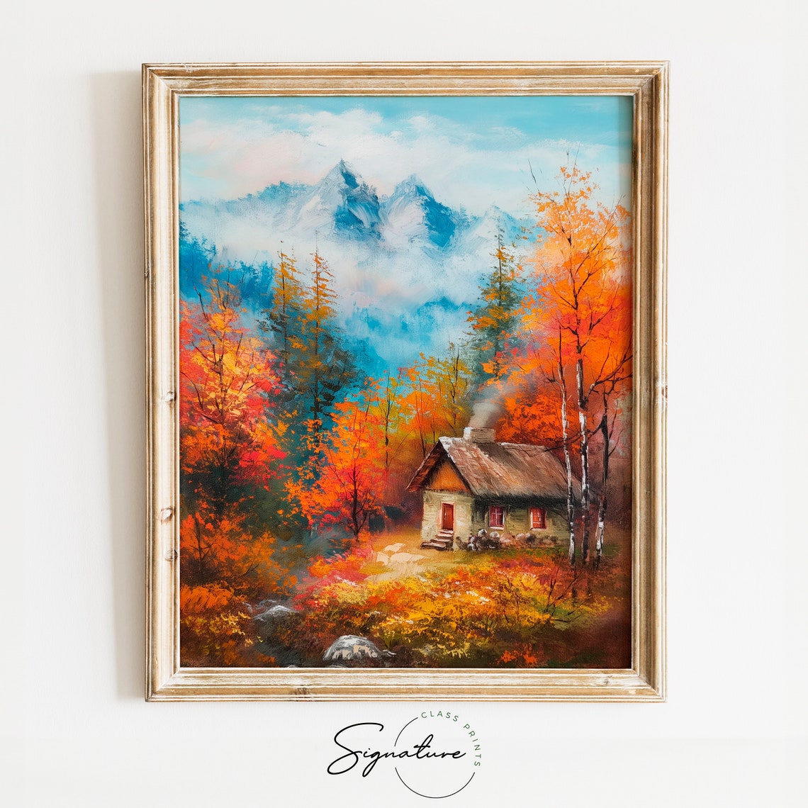 Mountain Cabin In Fall Serene Forest Retreat Tranquil Nature Wall Art Rustic Woodland Landscape Painting Home Decor 781