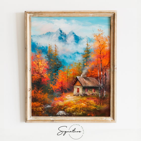 Mountain Cabin In Fall Serene Forest Retreat Tranquil Nature Wall Art Rustic Woodland Landscape Painting Home Decor 781
