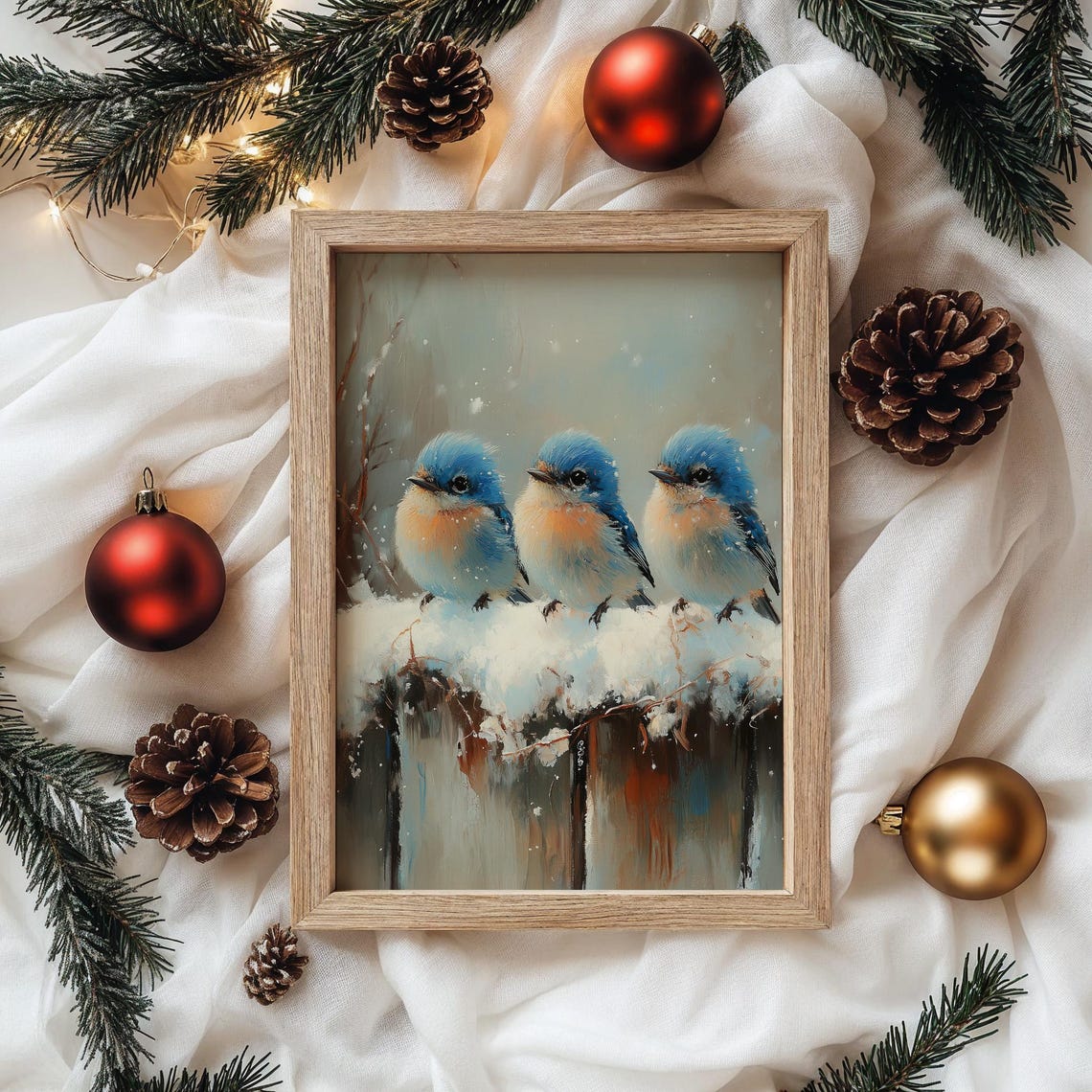 Three Baby Bluebirds On Snowy Fence Adorable Winter Bird Art Poster - Image 4