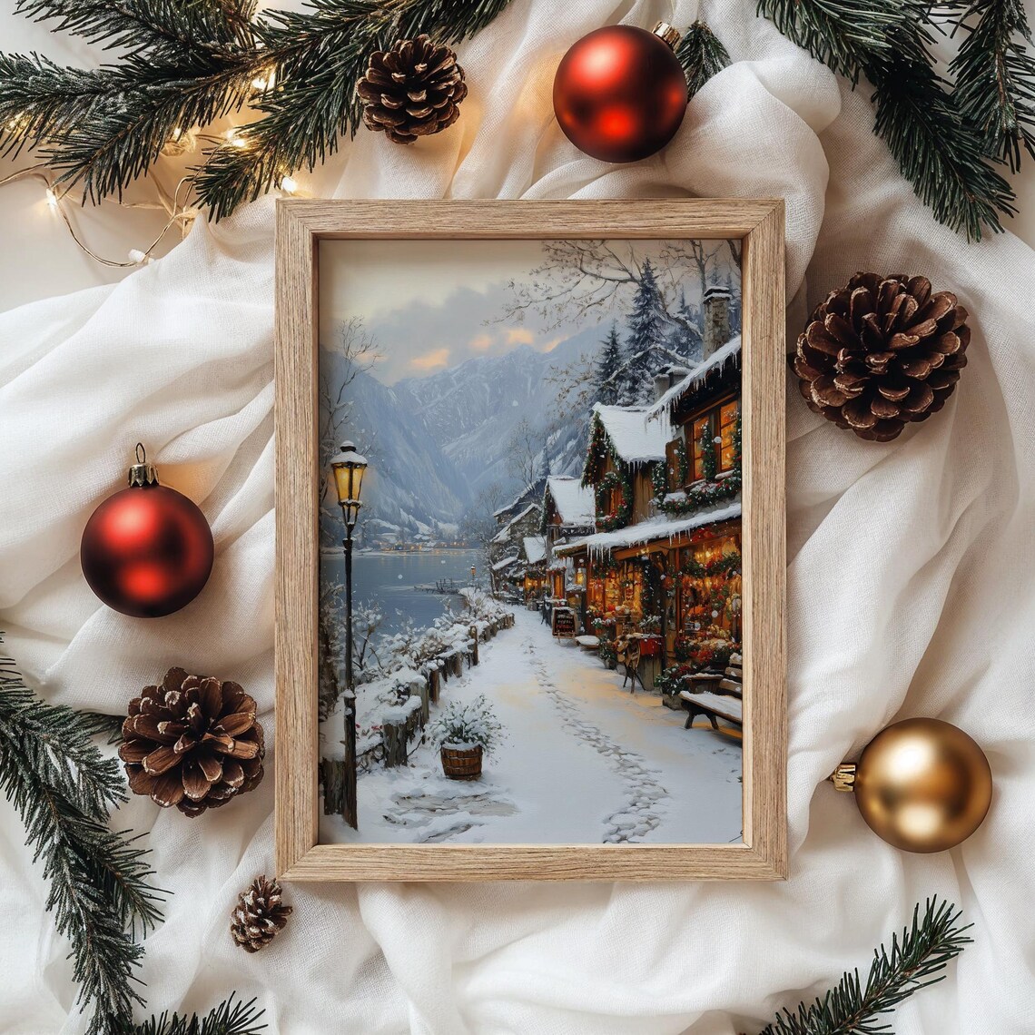 Snowy Lakeside Village At Dusk With Warm Lamp Glow Winter Poster - Image 4