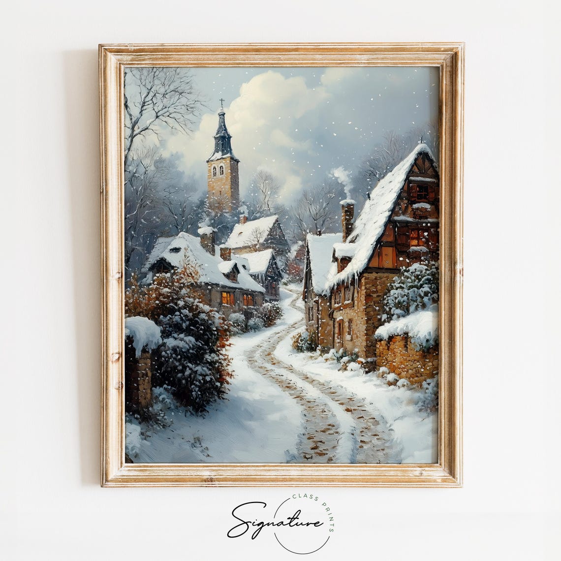 Cobblestone Winter Village Lane With Church Christmas Poster