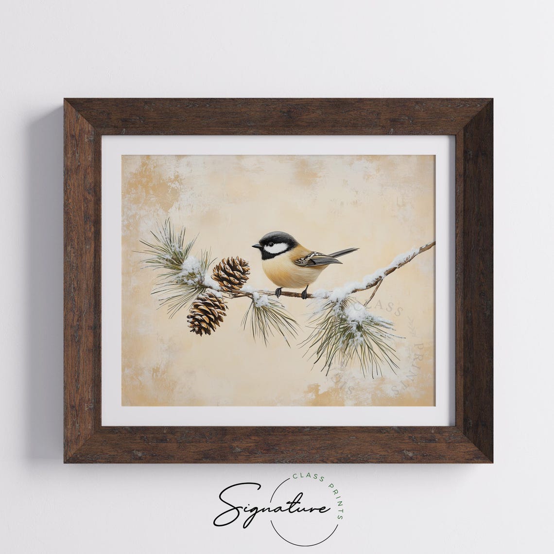 Carolina Chickadee on Snowy Pine Branch Pinecones Bird Poster - Image 4