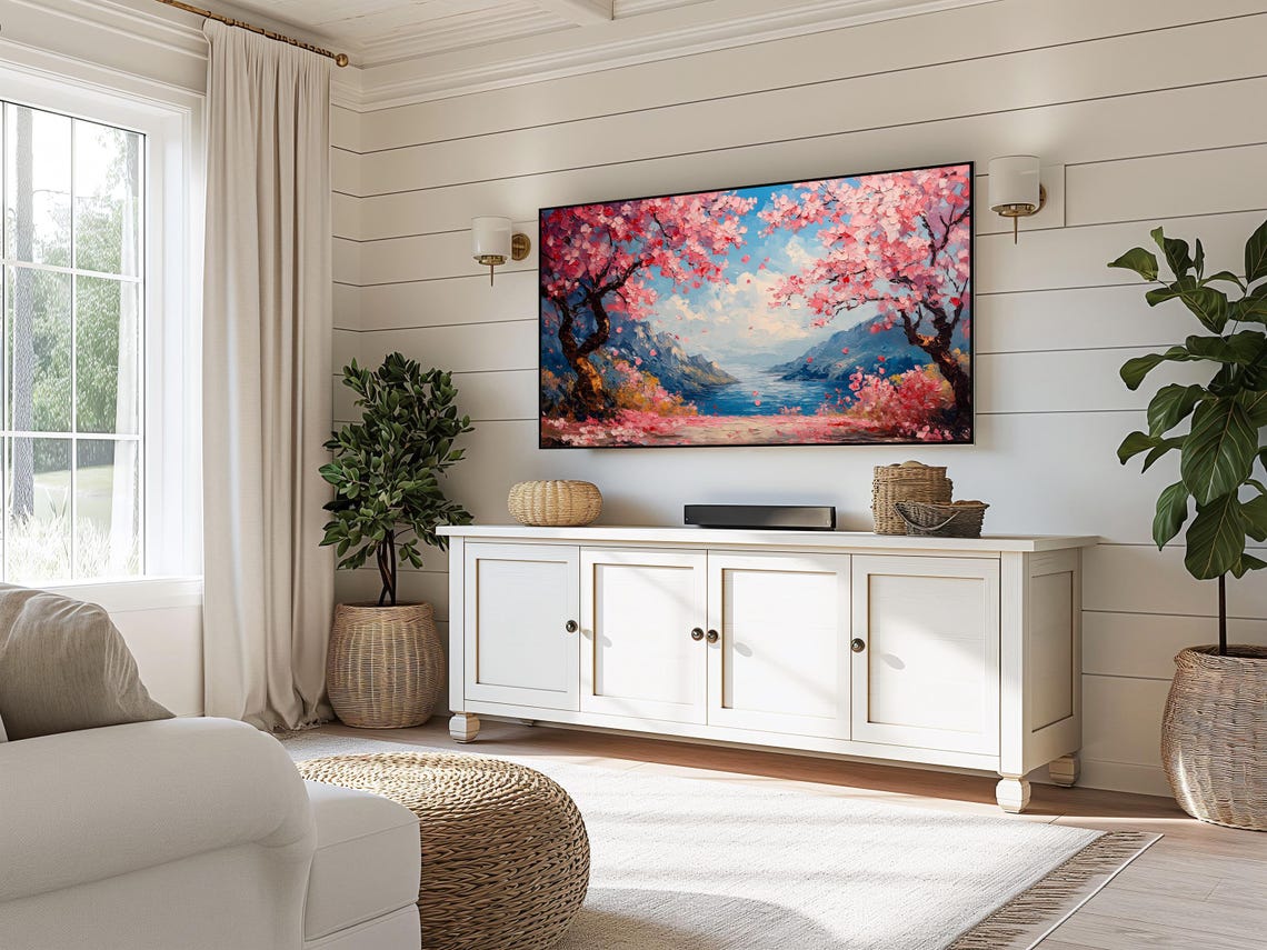 Cherry Blossom Trees Framing River Valley With Mountains Poster - Image 3