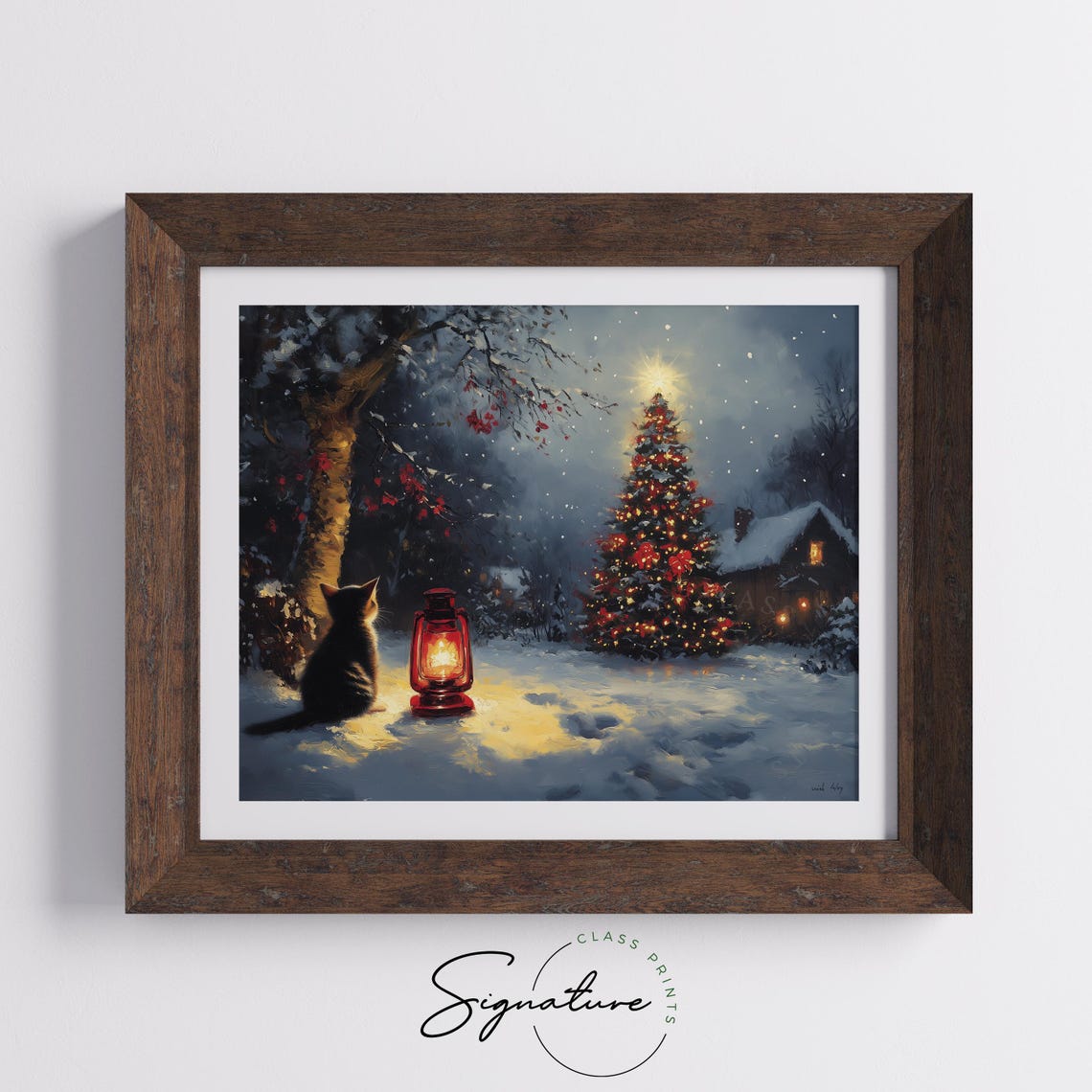 Kitten By A Glowing Lantern Gazing At A Christmas Tree At Night Poster - Image 5
