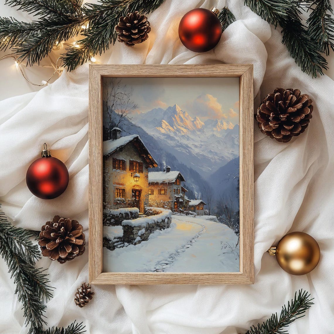 Alpine Village with Snowy Mountain Peak at Golden Sunset Poster - Image 4