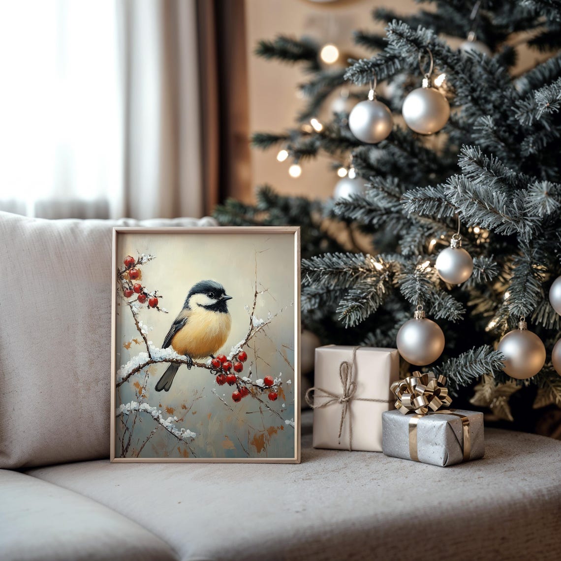 Chickadee on Snowy Branch with Bright Red Berries Winter Print - Image 5
